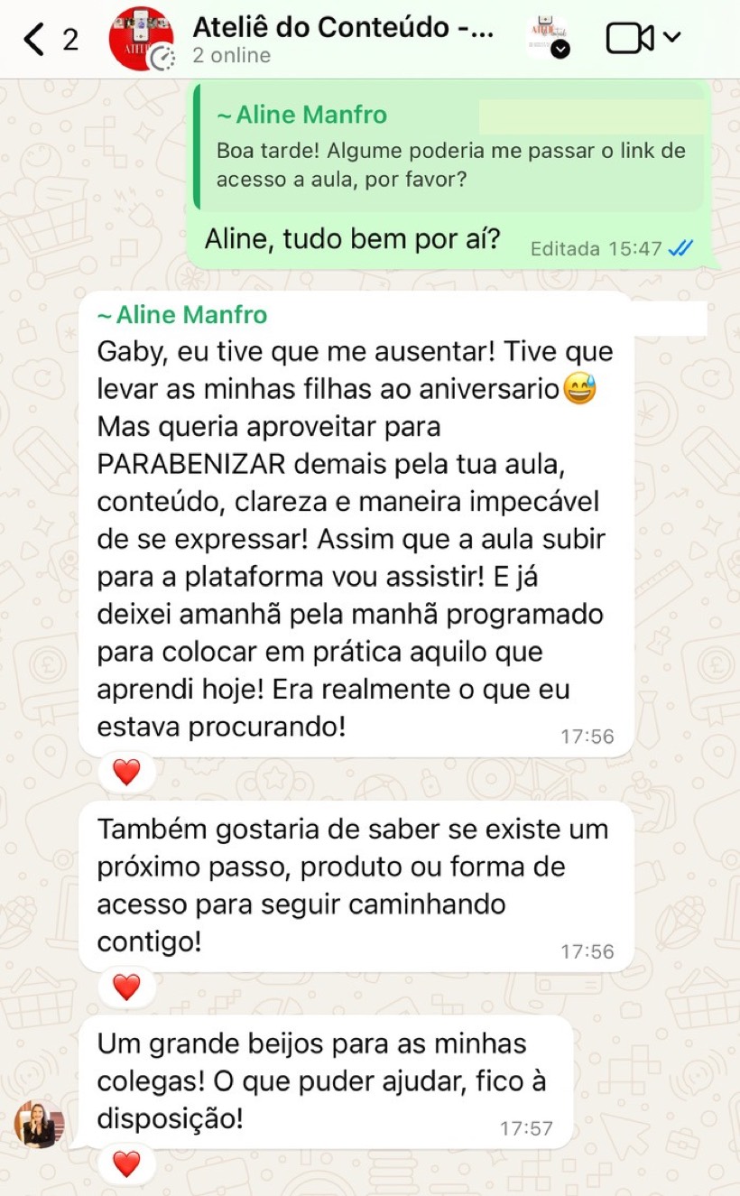 Mensagem de Aline Manfro no grupo do Ateliê do Conteúdo elogiando a aula