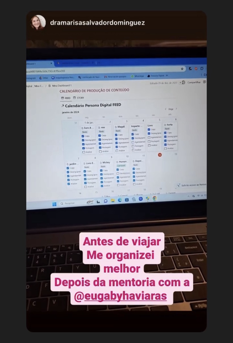 Story mostrando o calendário de produção de conteúdo cheio depois da mentoria