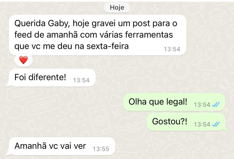 Mensagem de aluna contando que gravou um post com as ferramentas do Ateliê