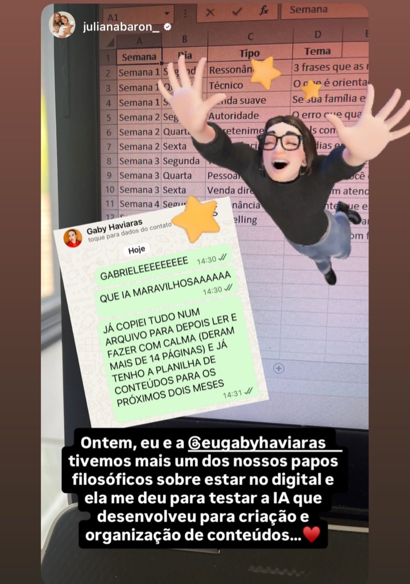 Story de Juliana Baron mostrando a planilha de conteúdo dos próximos dois meses