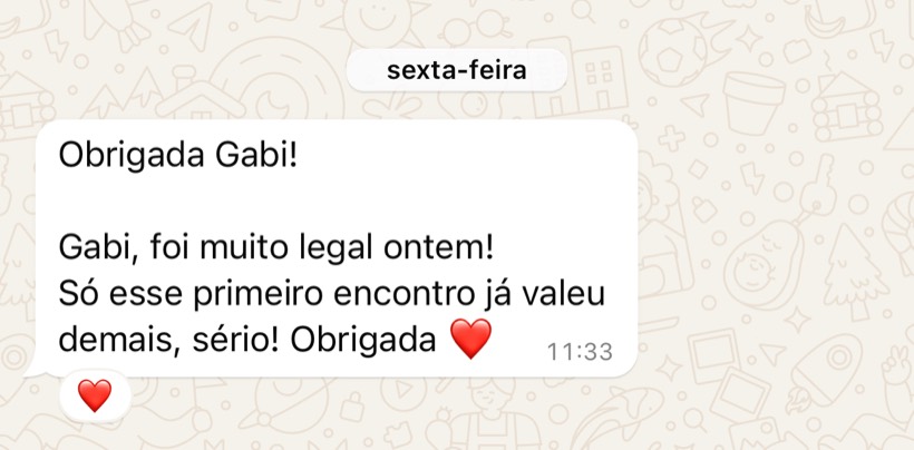 Mensagem de aluna dizendo que só o primeiro encontro já valeu demais